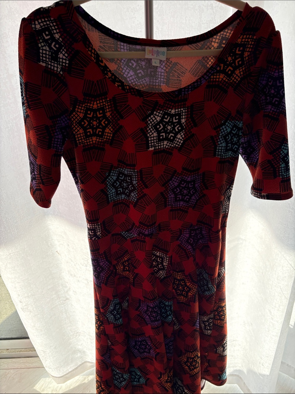 LuLaRoe Red Geometric Scoop Neck Tunic with Multicolor Accents